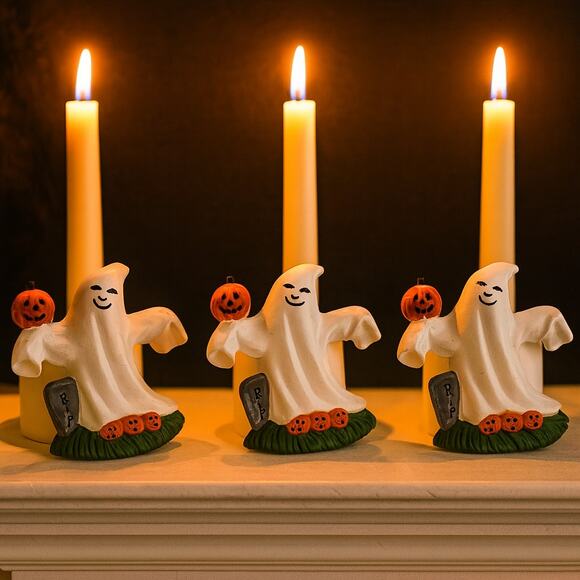 Set of 3 Vintage Halloween Ghost Napkin Rings – Jack-o’-Lantern Stoneware - Picture 3 of 8